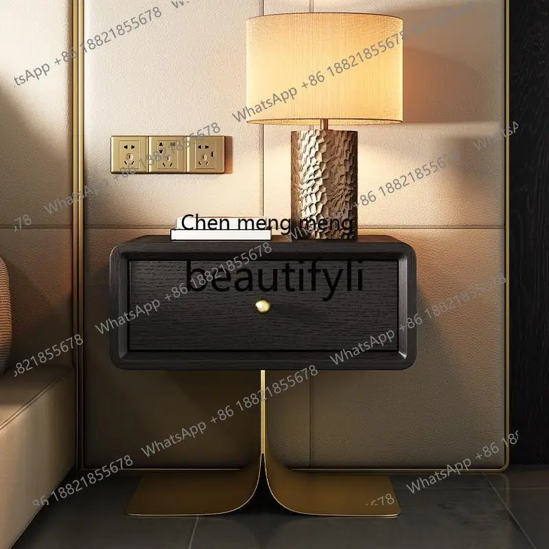 Bedside table Smoked solid wood light luxury high-end Italian modern simple bedroom household small storage side cabinet