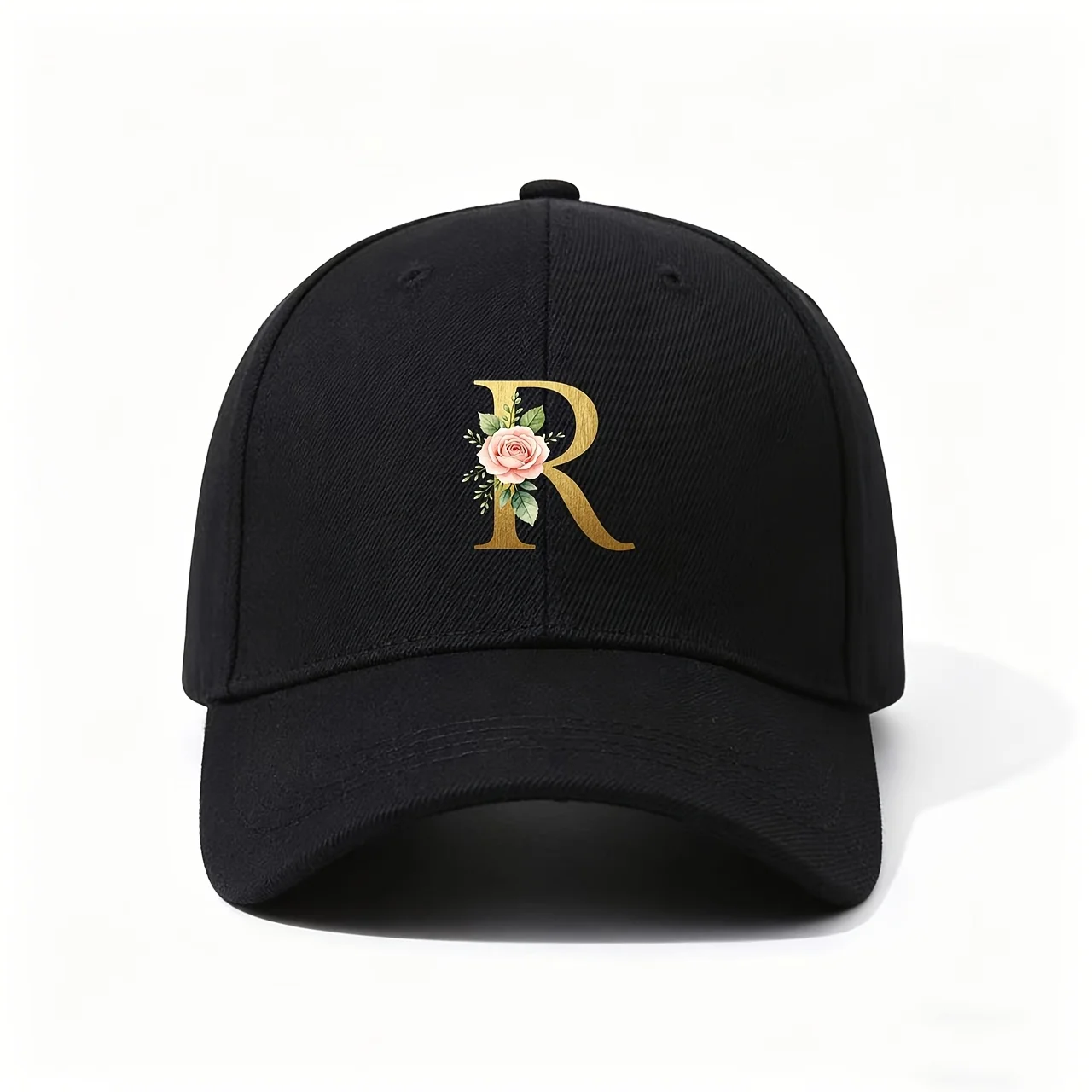 Baseball Cap, Golden Letter R Pink Rose Watercolor Graceful Feminine Style Exquisite Wedding Blessing Sweet Festival Souvenir Ve