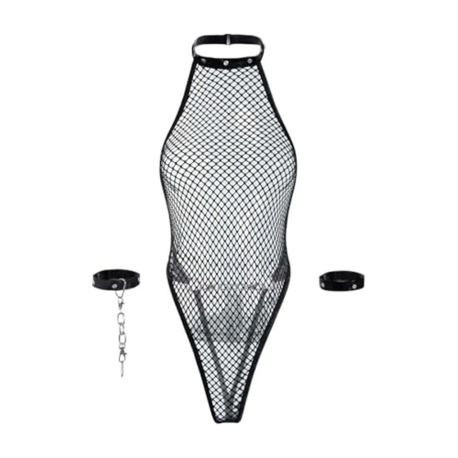 

OYOANGLE Women's Fishnet Lingerie Bodysuits Sleeveless Backless Halter Mesh Teddy Thongs Bodysuit