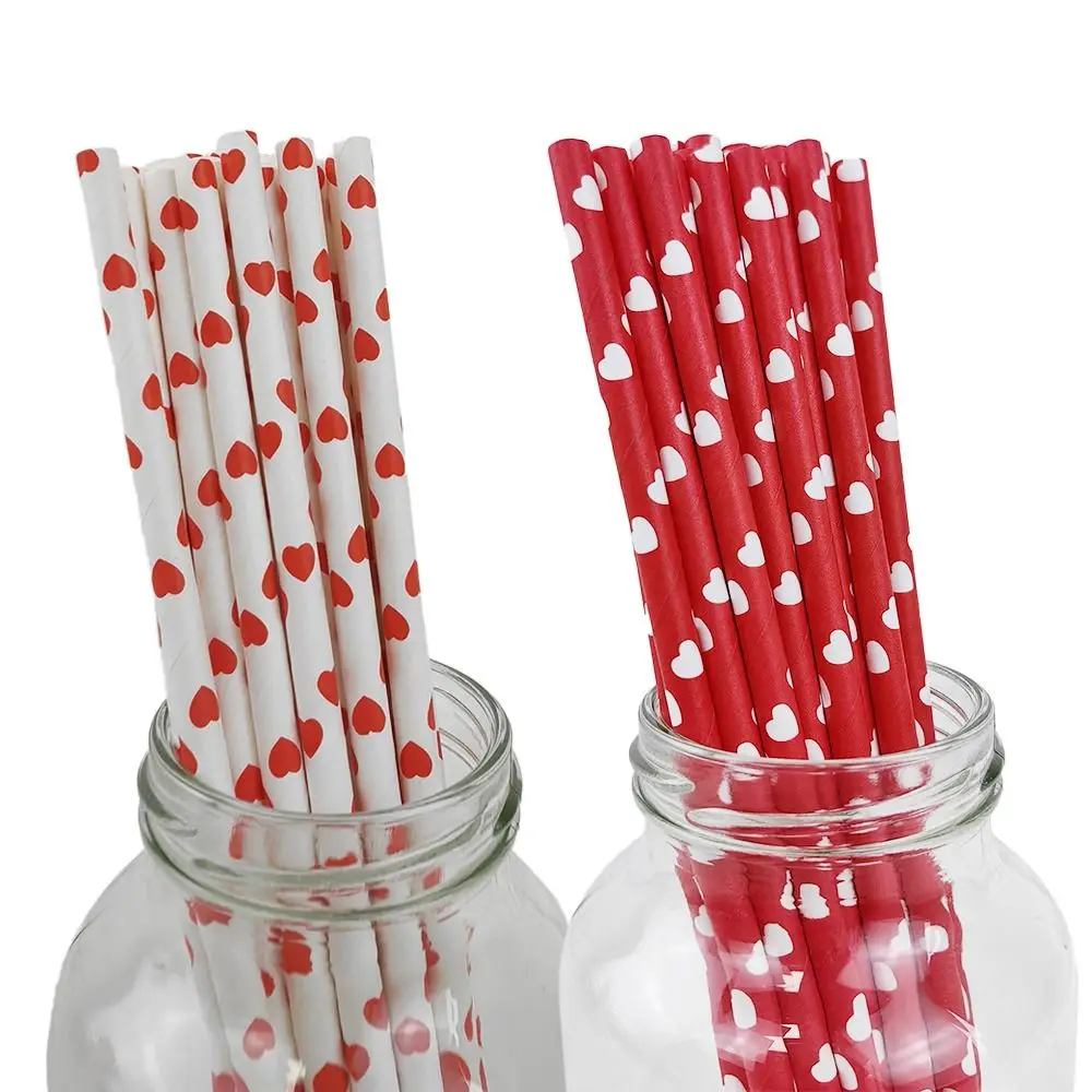 100pcs 3 Colors Disposable Paper Straw Heart Print Multipurpose Beverage Straw Environment Protection Paper Pipette