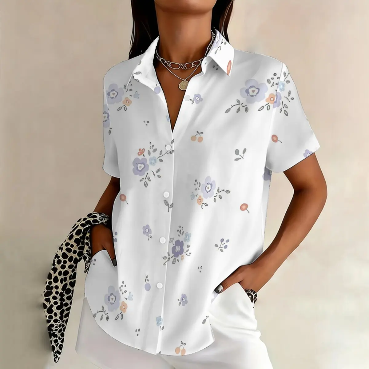 

Plus-size women's short-sleeved floral print shirt, regular fit, suitable for everyday wear, commuting, casual, and versatile