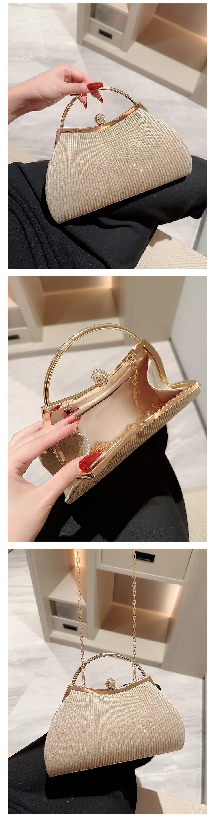 Luxury Evening Purse Clutch Bag for Wedding party wrinkle clutch bag champagne dress evening handbag with metal handle for women