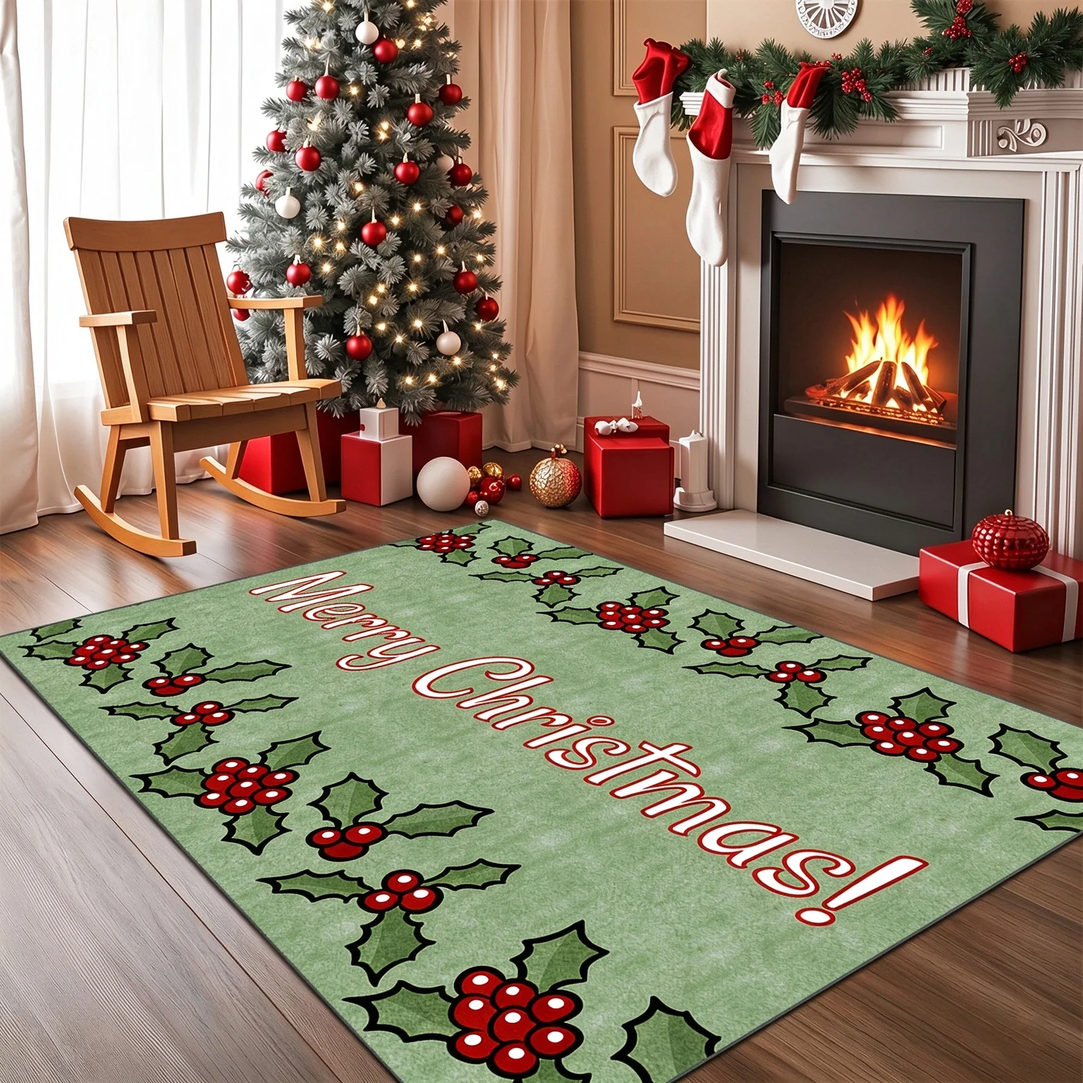 [2D Flat]1pc Carpet, Courtyard Carpet, Garden Decor, Easy to Clean Machine Washable, Light Green Base Color with Christmas Style Holly Berry Pattern, For Patios, Living Rooms, Balconies, Rvs, Bedrooms,