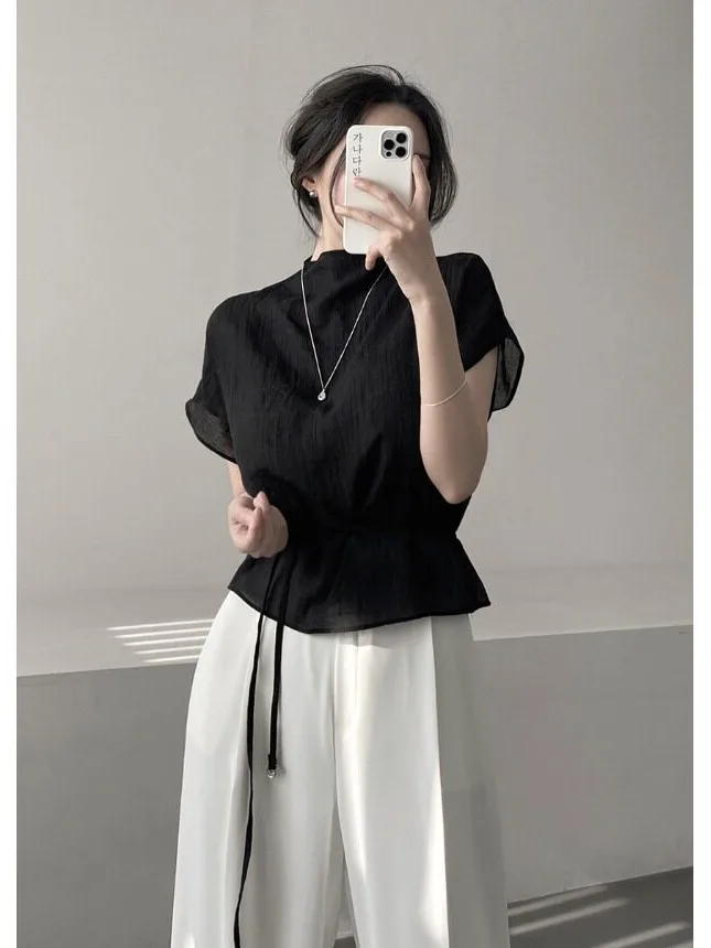 Chic Semi-High Collar Pleated Belted Sexy Semi-Transparent Versatile Top Korean Style Women's Sweater for All Seasons
