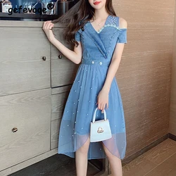 Summer Fashion Sexy Off Shoulder Beaded Elegant Mesh Denim Dresses for Women V Neck Short Sleeve Slim Sweet Midi Dress Vestidos