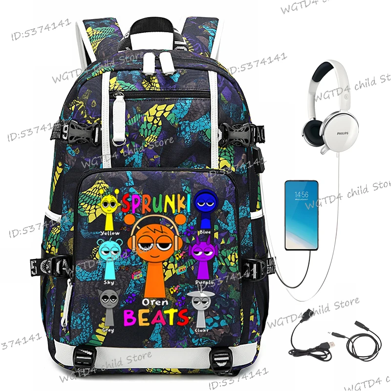 Men Women 2025 New Backpack Cartoon Sprunki Incredibox Game Travel Bag Pack Sprunki Oren Beats Pattern USB Charging Schoolbag