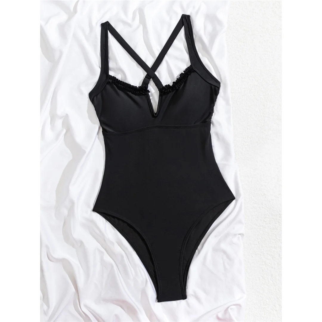 S - XL, einteiliger Badeanzug mit V-Ausschnitt und offenem Rücken, Damen-Badebekleidung, Damen-Monokini mit überkreuztem Rücken, hoher Beinausschnitt, Badeanzug, Badebekleidung, Modell V6862. – Detail 5