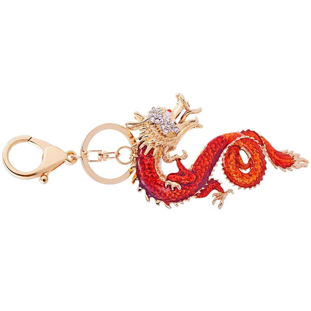 Rhinestone Dragon Keychain Chinese Zodiac Fob Pendant Year of The Keyring Red Zinc Alloy DIY Crafts