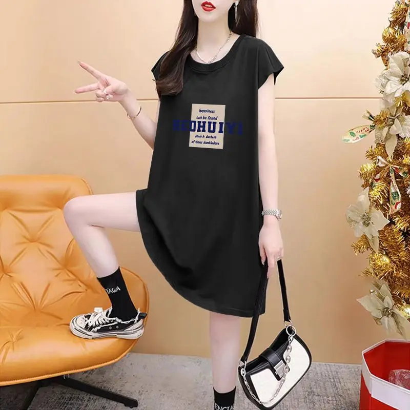 

Women's Elegant Letter O-Neck Sleeveless T-Shirt, Casual Loose Tops, Mid Length Version, Korean Fashion, Summer Clothes, Trend