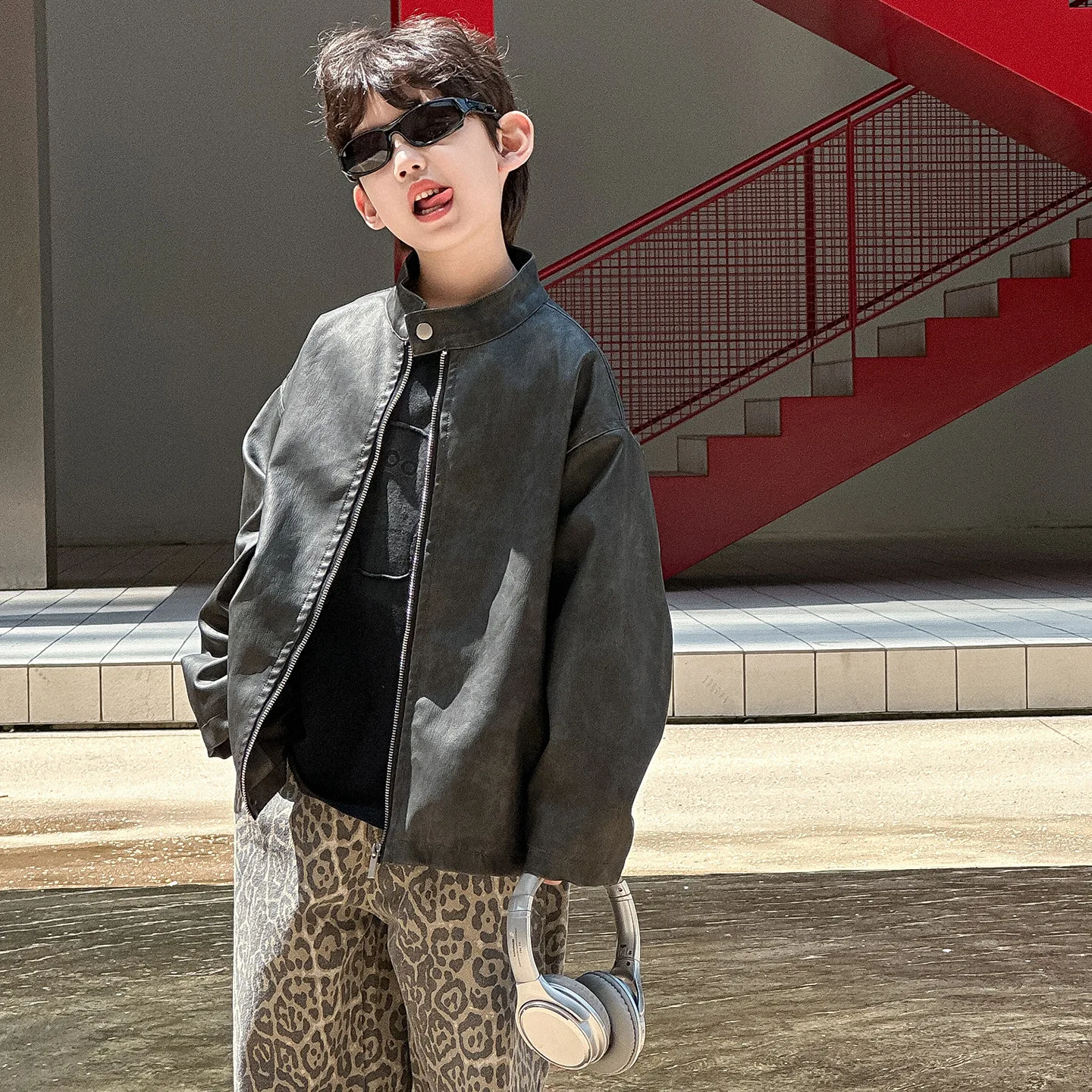 

Children Clothes Boys Coat Leather Jacket Korean Style 2025 New Fashionable Tie-dyed Autumn Cool Boys Handsome Jacket Top