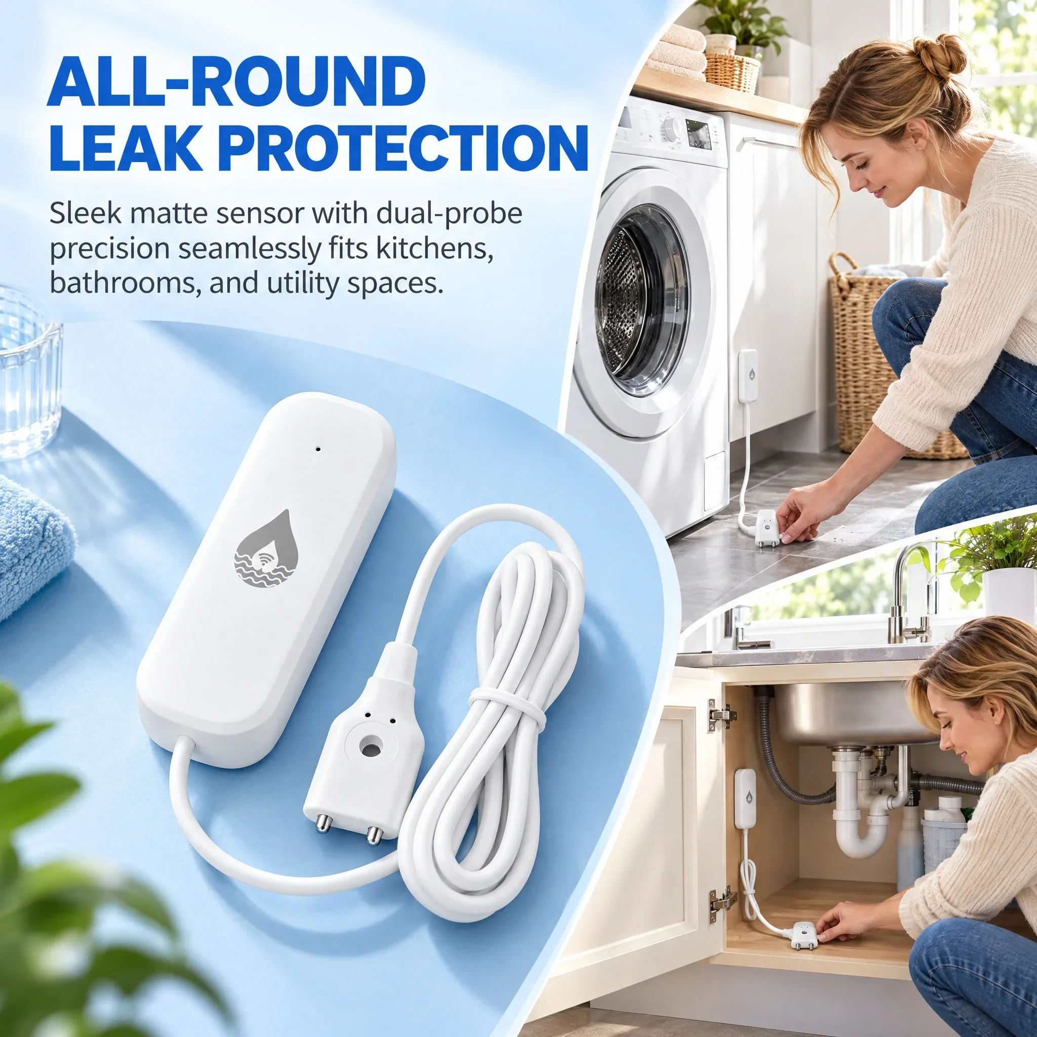Smart WiFi Water Leak Detector Tuya App YFK Dual Probe Flood Sensor Overflow Alarm Home Security Kitchen Bathroom