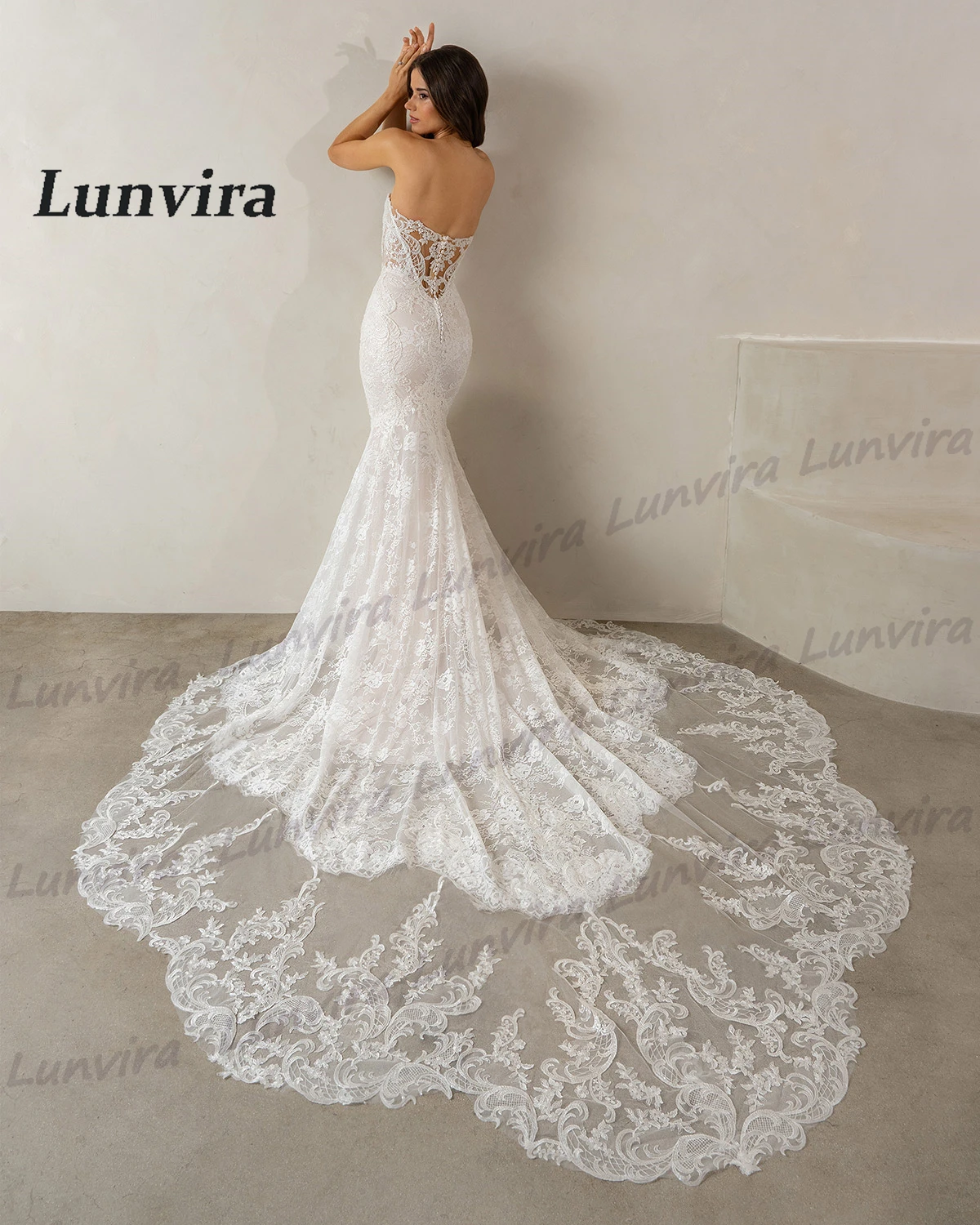 Lunvira Fancy Sweetheart Bridal Dress Tulle Royal Train Mermaid Lace Appliques Sleeveless Robe De Mariee Customized Plus Size