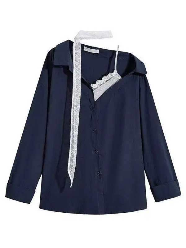 

plus Size 300 Pounds Lace Splice Shoulder Shirt Women's Spring Autumn Design Casual Loose Fit Long Sleeve Collar Shirt
