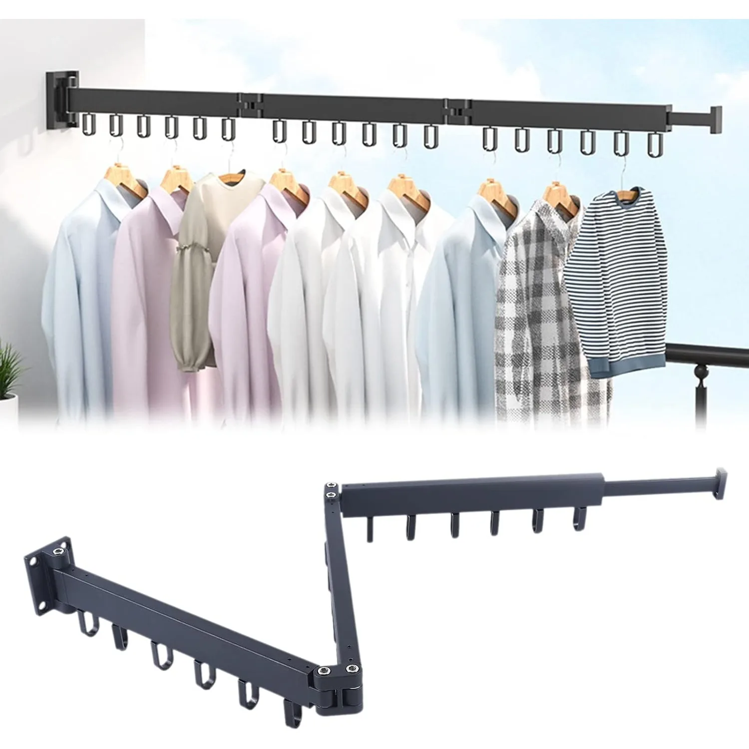 

Gdrasuya10 Clothes Drying Rack Foldable Wall Mounted Clothes Shelf Strong Load-Bearing Tool Retractable Tri-Fold Laundry Drying Rack