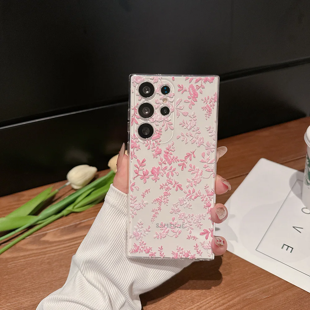For Samsung Galaxy S21 S22 S23 S24 Ultra Plus FE Case Transparent Flower Shockproof Protection Soft silicone Cover Accessories