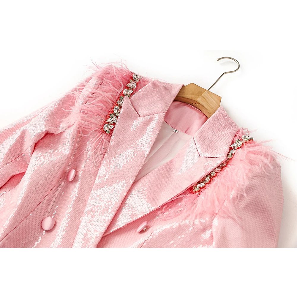 Splendido Costume Baby Pink Sparking paillettes Feather Patchwork Fancy Stones giacche da festa di lusso da donna blazer da donna