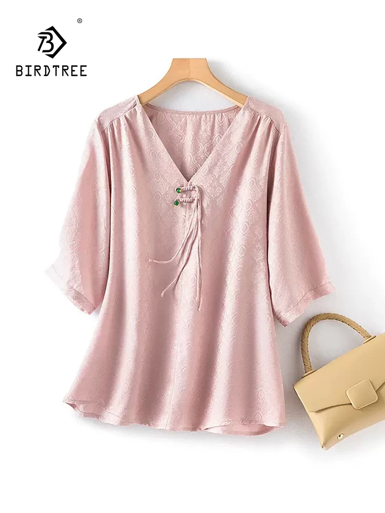 BirdTree-chemise jacquard à manches mi-longues pour femmes, chemise élégante à col en V, rétro chinois de trajet Y, nouvelle collection été 100% T45364QC, 2024