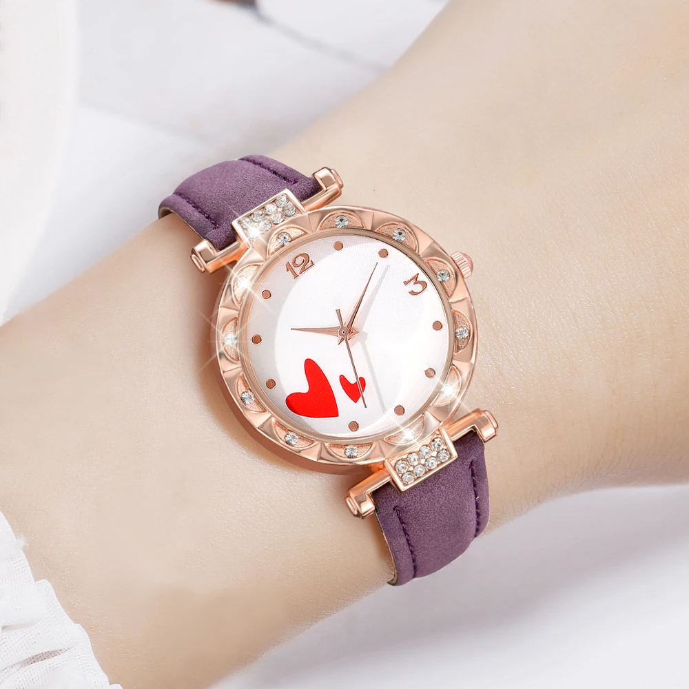 5 PCS Quartz Watch Set Purple PU Imitation Leather Strap Watch Heart Fashion Versatile Alloy Accessory Set