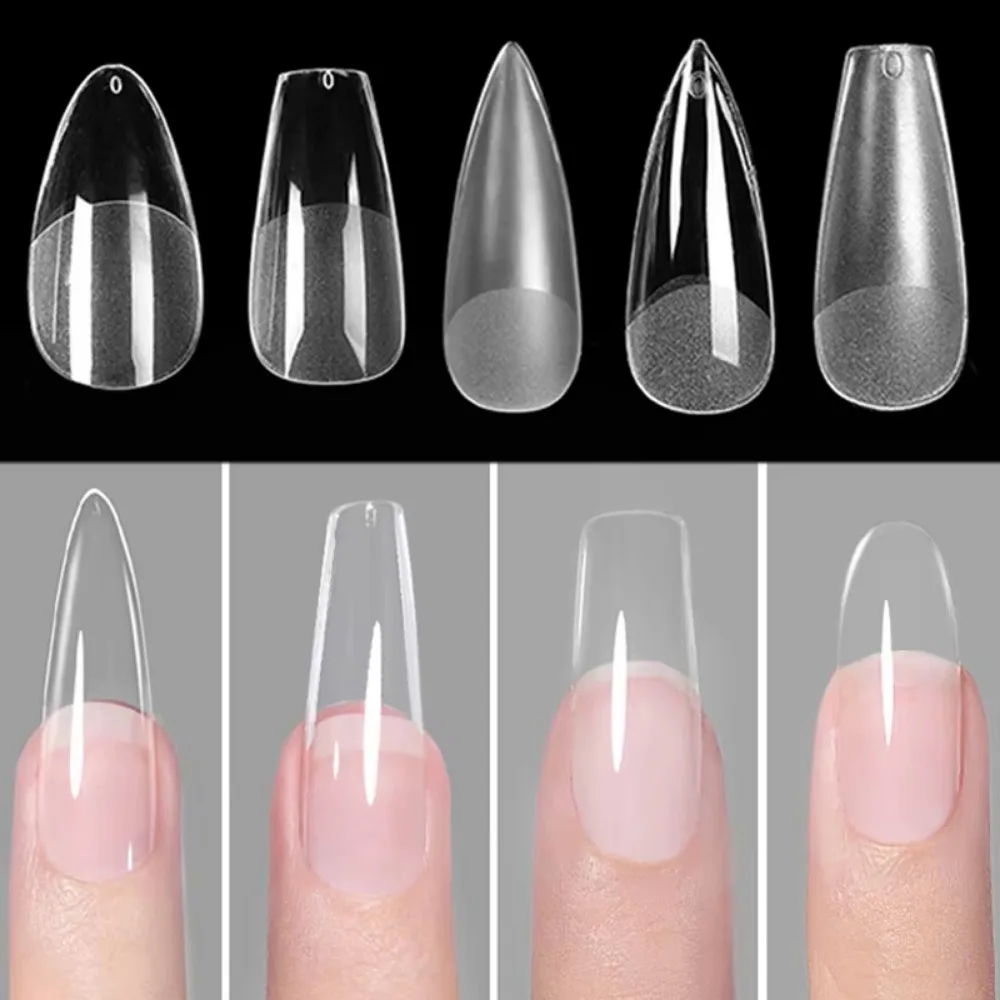 100Pcs Acrylic False Nail Transparent Traceless Artificial Nails Tips Full Cover Almond Square Pre-File Pressed Nails