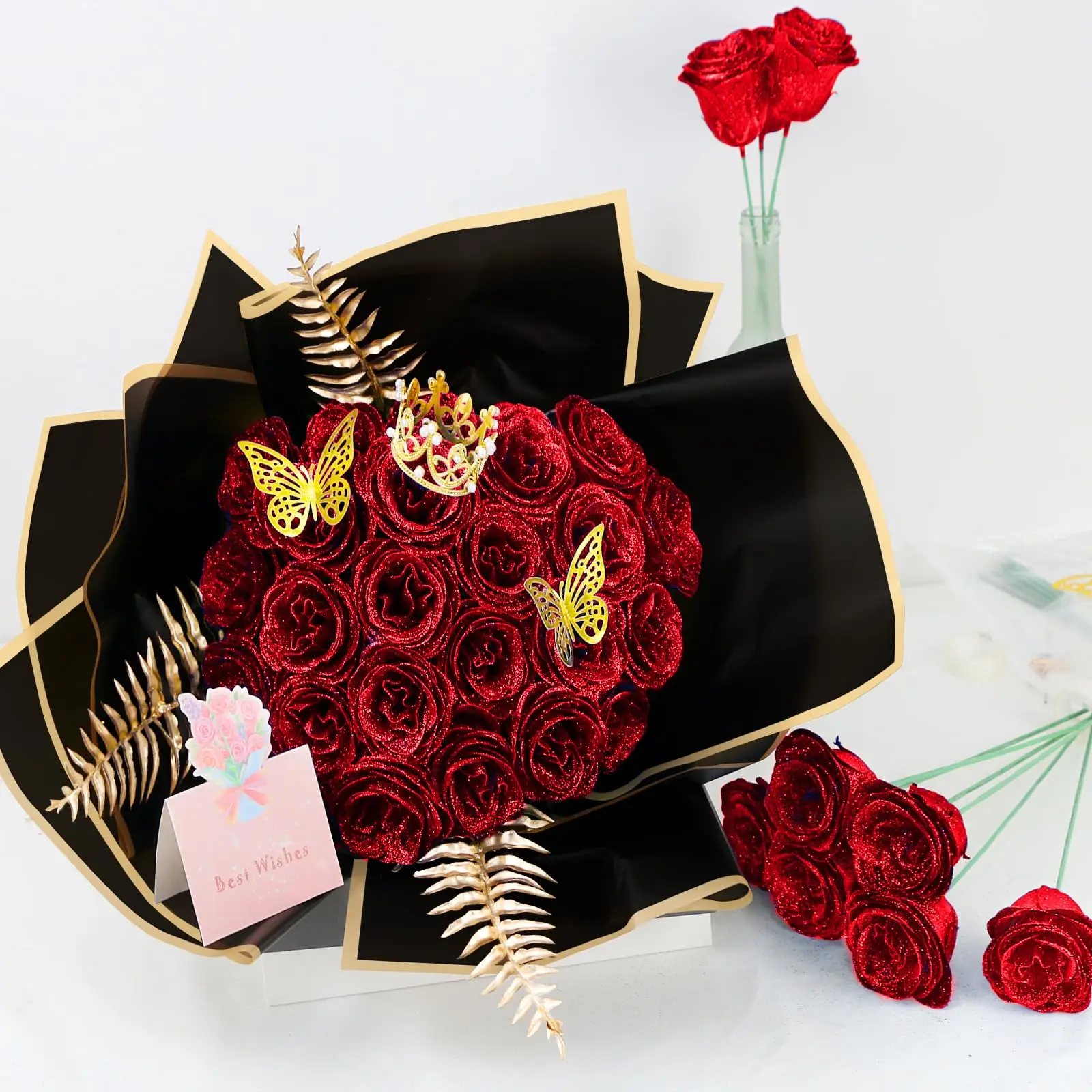Glitter Artificial Eternal Red Rose Bouquet Forever Roses Flower Bouquet  Silk Fake Rose Flower Valentine's Day Birthday Gift - AliExpress 15
