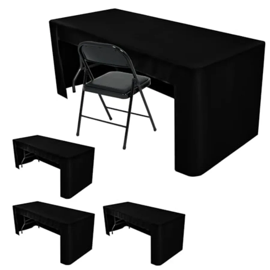 

4-Pack Open Back Table Cloths for 6 Foot Tables Water Repellent Fitted Black Table Covers 3-Sided Ox Polyester Tablecloth for C