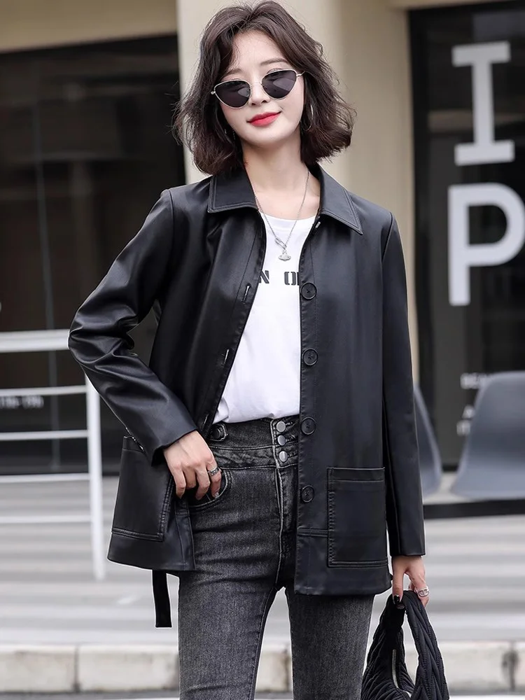 Nuevo Mujeres Primavera Otoño Abrigo de piel Moda Cuello vuelto solo pecho de cuero Trench Coat Casual Split chaqueta de cuero