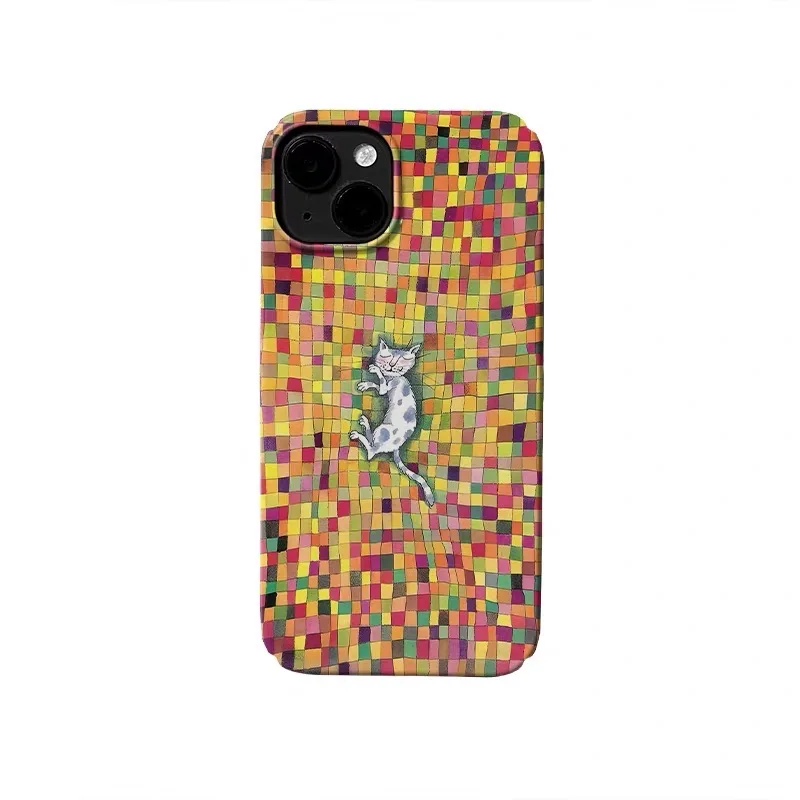 

Ins Korean Colorful Square Splicing Cat Phone Case for IPhone 17 16E 15 14 Plus 13 Mini 11 Pro Max 12 Pro Back Cover XR SE Case