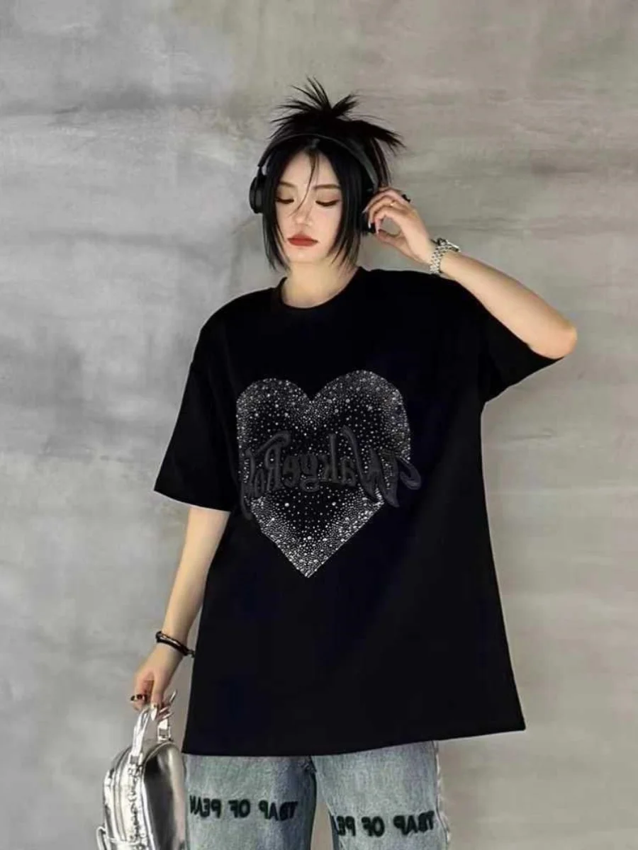 

Korean Sle Faion Sweet And Spicy Wind Ins Rhinestone Design Women's plus Size Summer Top Trendy Commute Sle round Ne ...