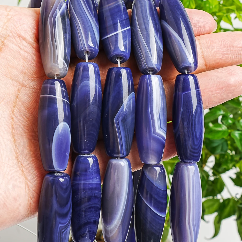 

Natural Matte Blue Agate Rice Beads 38x13mm Deep Ocean Tone Banded Gemstone Beads for Jewelry Boho Statement Bracelet Making