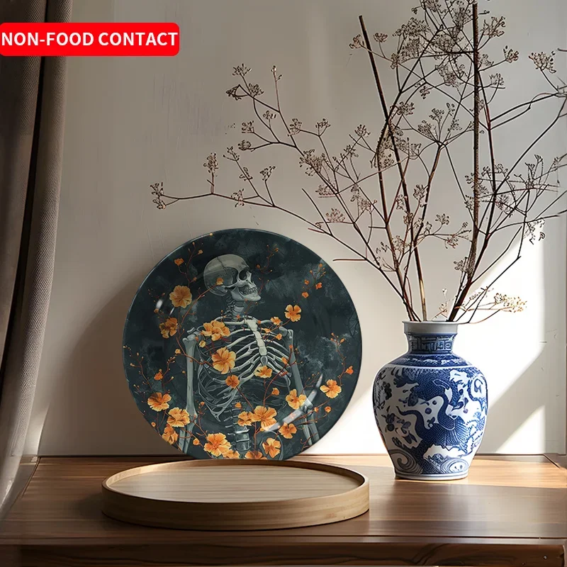 1pc Vintage Floral Skull Ceramic Decorative Plate - Art Deco Style Round Non-Food Contact Tabletop Ornament with Orange & White