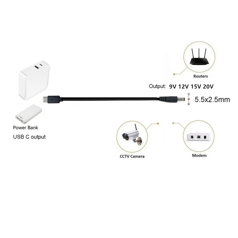 USB C Type C PD to 9V 12V 15V 20V 5.5x2.5mm Power Supply Cable for Wireless Router Laptop LED Strip Speaker CCTV Camera