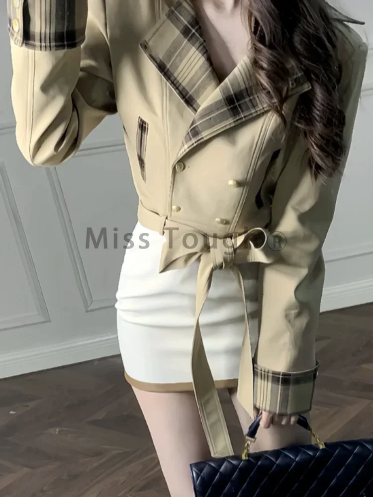 Winter Japanese Sweet Patchwork 2 Piece Set Women Plaid Y2k Belt Coat + White Mini Skirt New Chic Design College Style Suit 2024