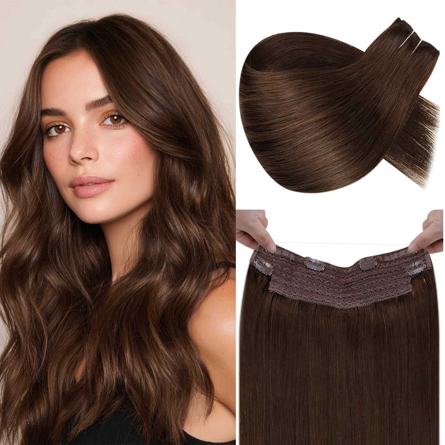 Invisible Transparent Wire Human Hair Extensions Straight Remy Fishing Line with 4 Clips 12-18Inch Natural Human Hair Extensions