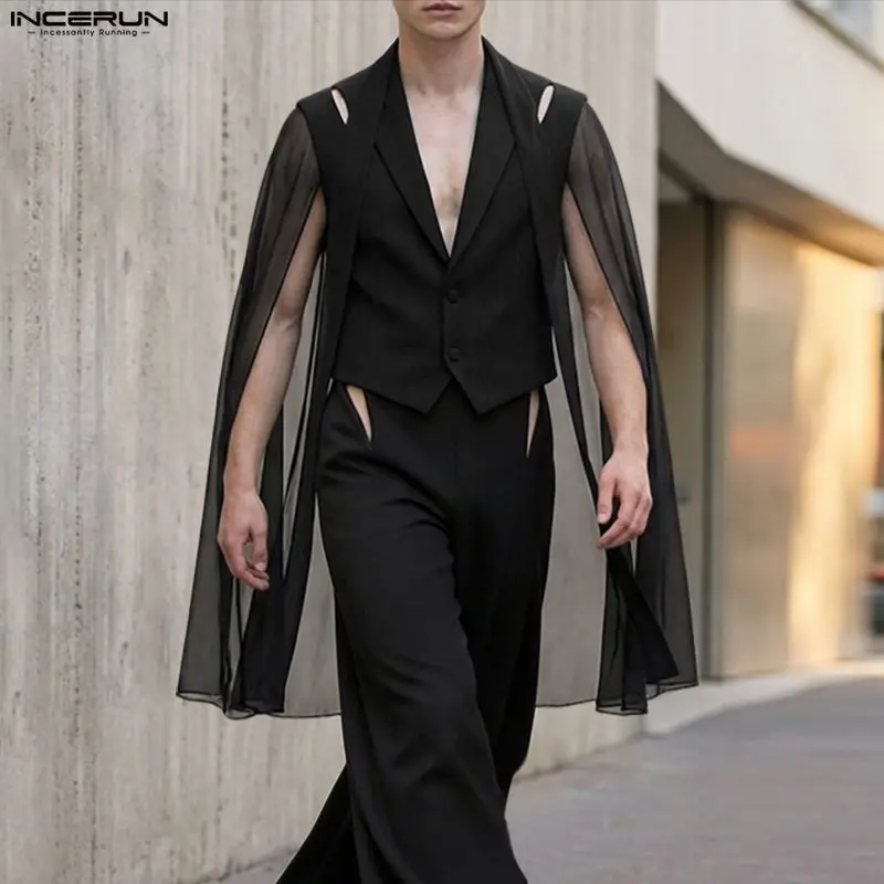 INCERUN Men Irregular Blazer Mesh Patchwork See Through Lapel Suit For Man Streetwear 2026 Fashion Casual Blazer Men Cloak Cape