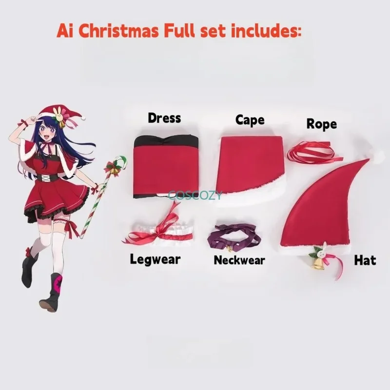 Oshi No Ko Ai Hoshino Christmas Cosplay Costume Lolita Red Dress Xmas Costume For Woman Role Play Party Anime Hat Legwear Outfit