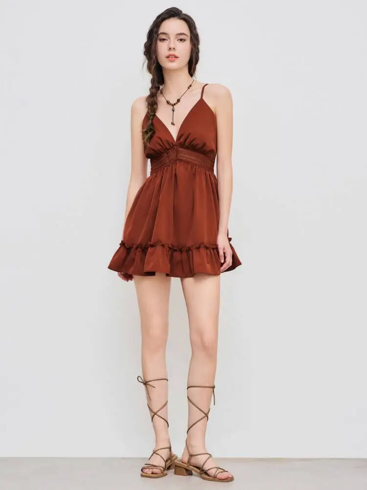 Ärmelloses Minikleid in Burnt Orange, Größe L, mit bestickter Taille, Western-Stil, gewebtes, einfarbiges Minikleid mit Rüschen und Cut-Outs