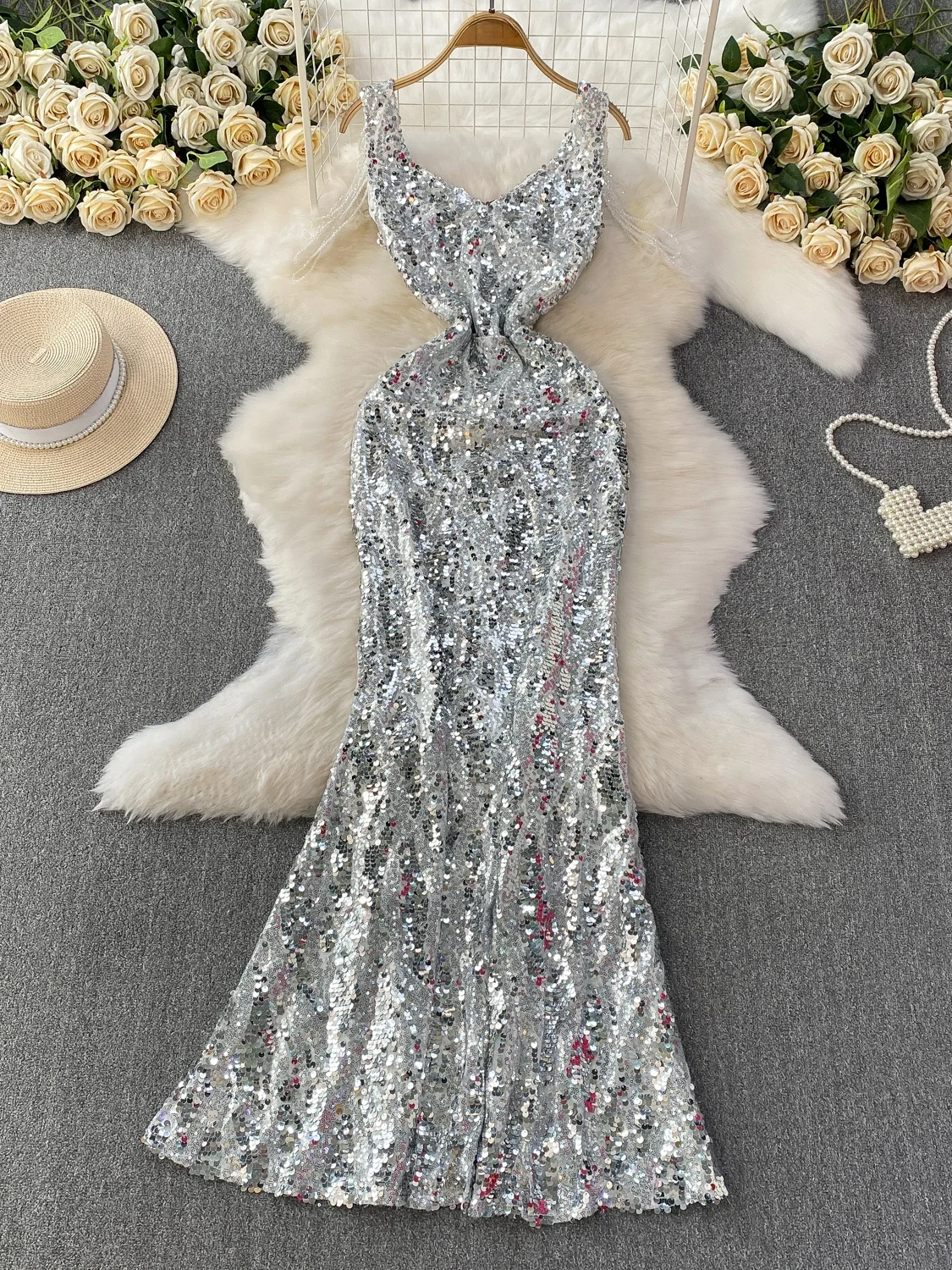 우아한 v 넥 스팽글 드레스 여성 하이 웨이스트 a 라인 스커트 민소매 반짝 이는 패브릭 여름 통근 공식 행사 드레스