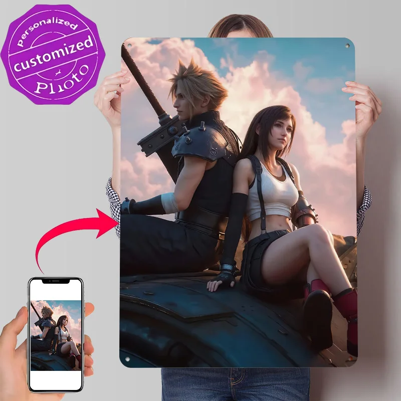 Cloud und Tifa Rücken an Rücken Poster Retro 3D-Gedruckte Metallschilder Individualisierte Wanddekoration Geschenk für Inneneinrichtung Haus-Kunst