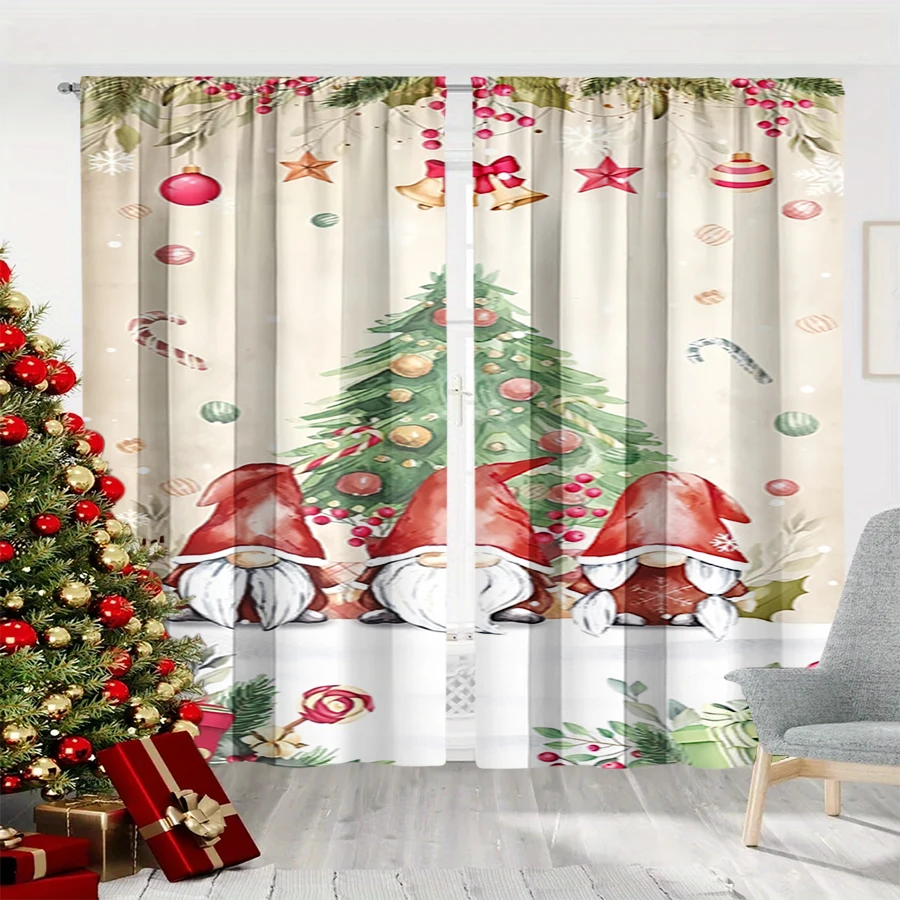 2PCS Christmas Winter Curtains, Three Gnome Christmas Tree Bell Gift Beige Cute, Digital Print, Bedroom Living Room, Home Decor