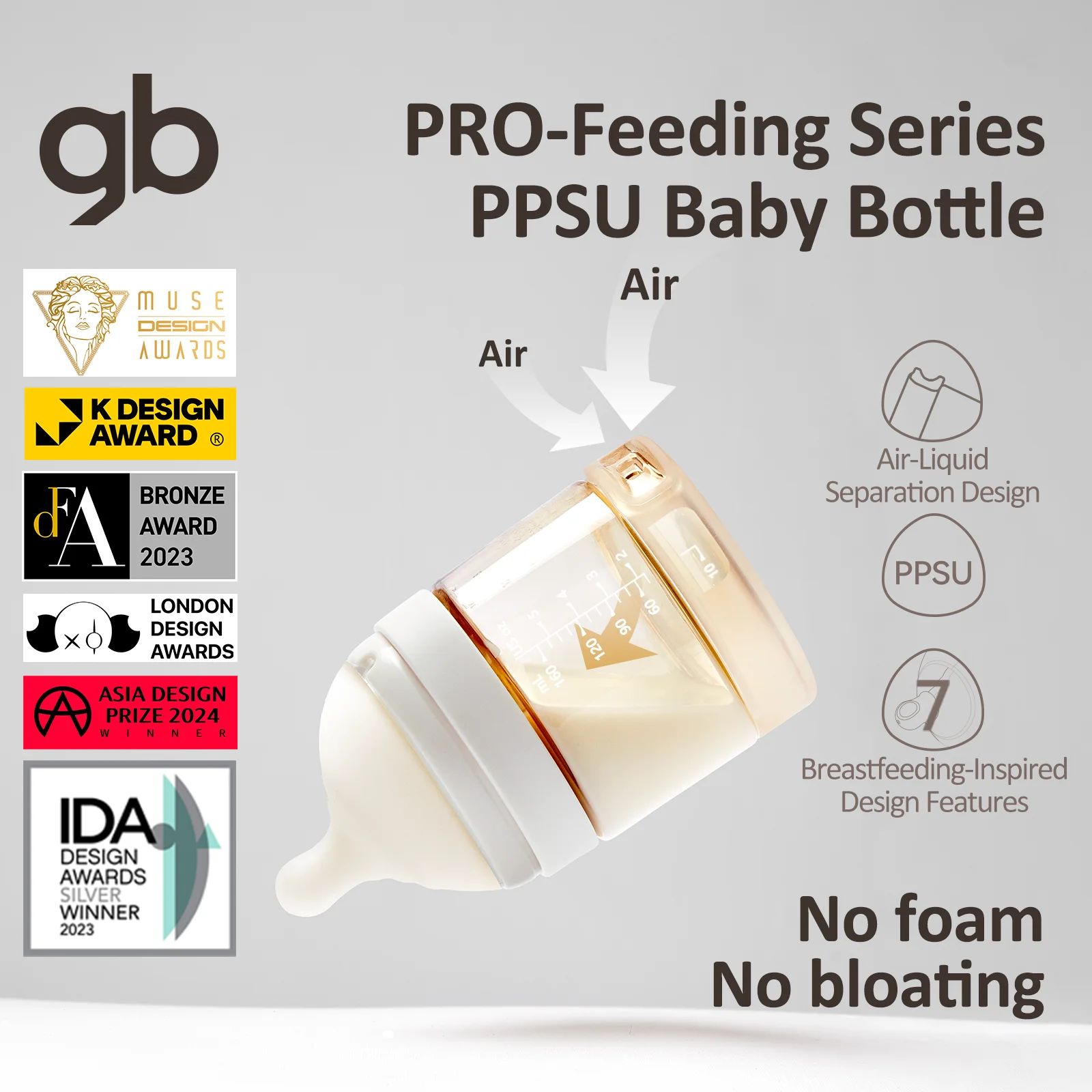

gb PPSU Baby Bottles 3 Sizes - Award-Winning PPSU-Liquid Separation Tech | 7FB Breast-like Nipple & V-Valve Straw | BPA-Free