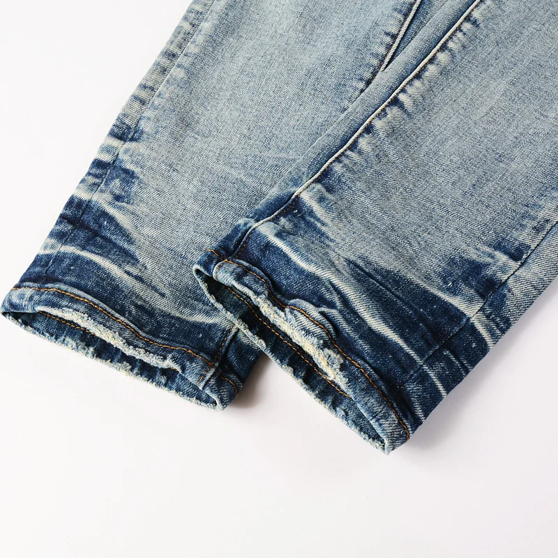 

Street Fashion NewY2K Denim Wrinkle Perforated Patch Pants Washed Nostalgic Stretch Washed Light Blue Men's Jeans Designer Hig