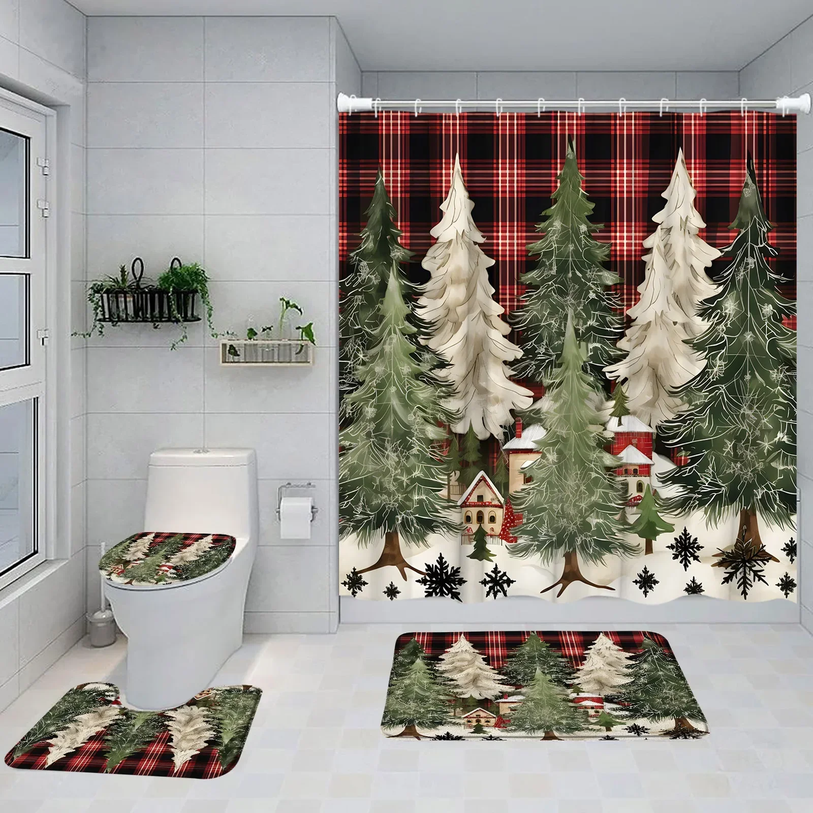 Merry Christmas Shower Curtain Set Happy New Year Snowman Winter Festival Snow Xmas Pine Tree Cartoon Bath Rug Toilet Lid Cover