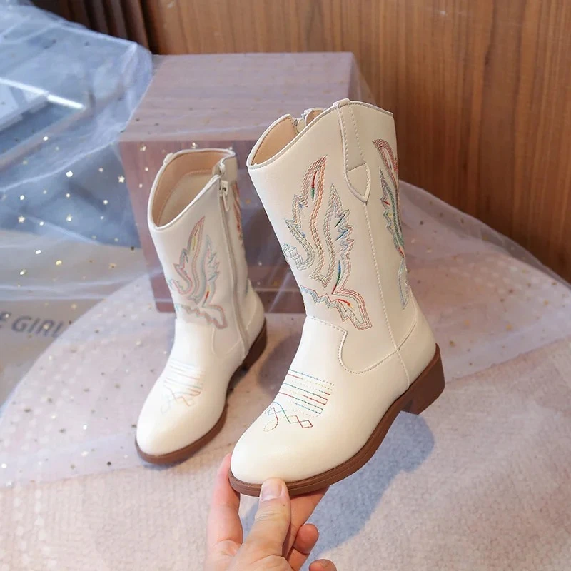 Rainbow Color Embroidered White Leather Western Knee High Boots Kid Girl Side Zip Cowboy Long Booties Child Warm Plush Botas