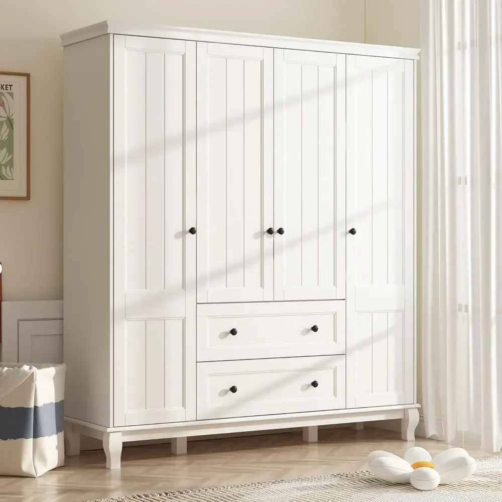 

%a 4 Door Wardrobe Closet Armoire with 2 Drawers, Clothes Storage Cabinet with Solid Legs, Wardrobe with Shelves & Hanging Rod