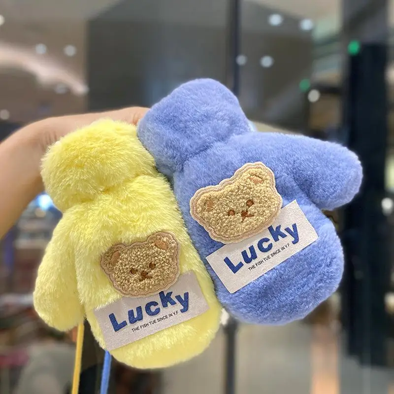 الشتاء الاطفال فروي شنقا الرقبة قفازات الطفل سميكة فو الفراء القفازات الكرتون لطيف الدب أفخم قفازات