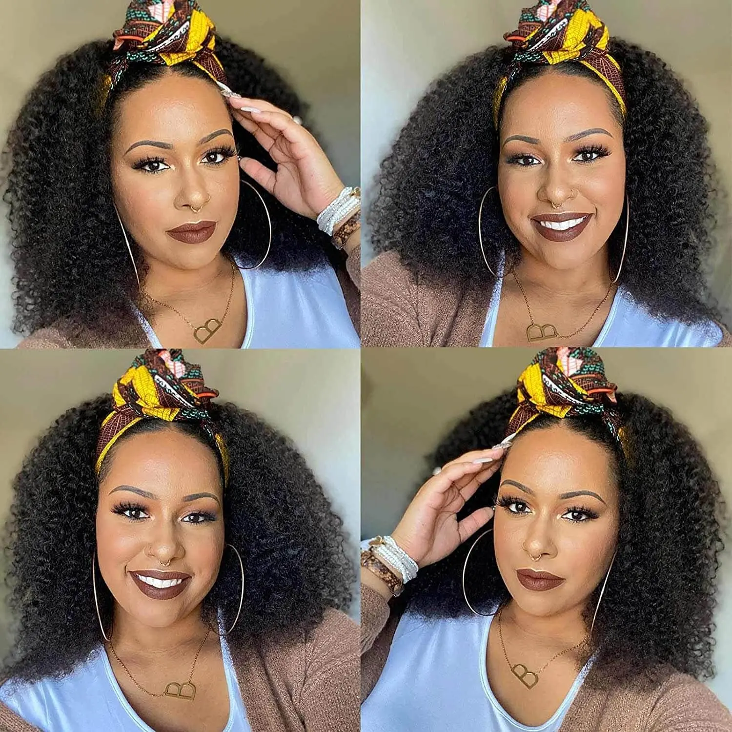 Afro kinky Curly No Lace Front Wigs for Black Women Natural Color Machine Made Afro Kinky Curly Human Hair Glueless Headband Wig