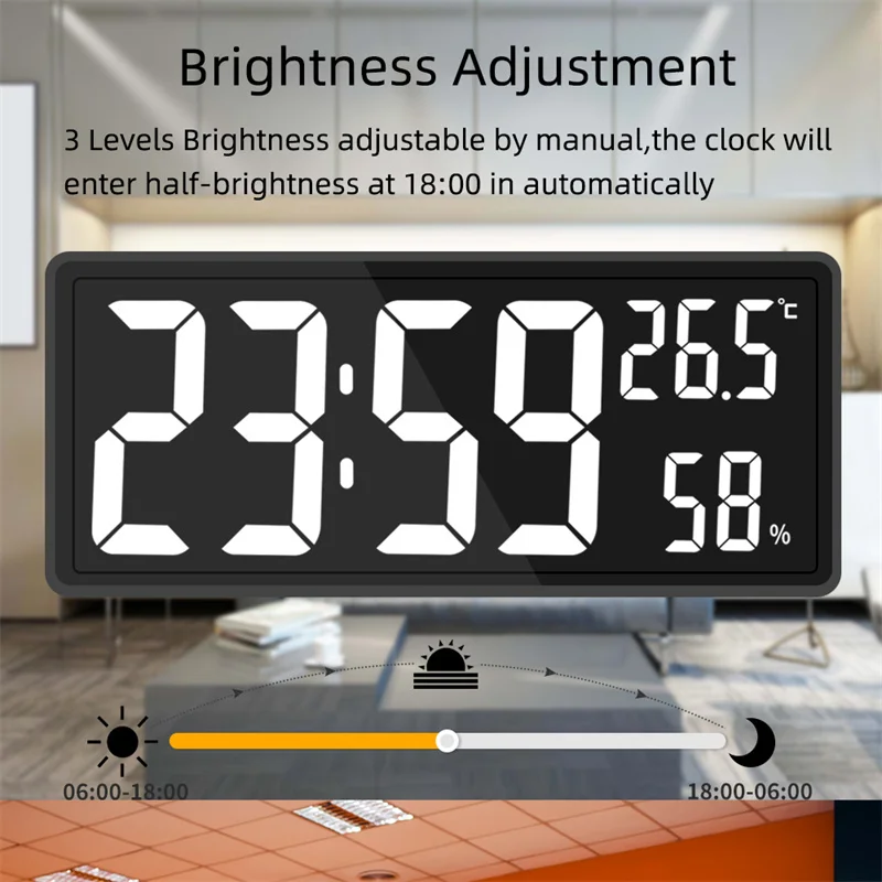 Large Digital Wall Clock Temperature and Humidity Display Night Mode Table Clock 3 Display Modes 12/24H Electronic LED Clock