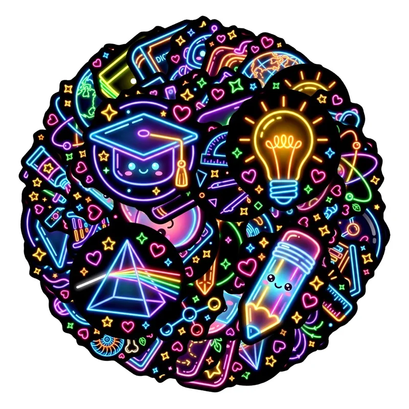 50PCS Cartoon Neon Science Sticky PVC Sticker DIY Laptop Luggage Skateboard Colored Decoration Stationery Scrapbooking