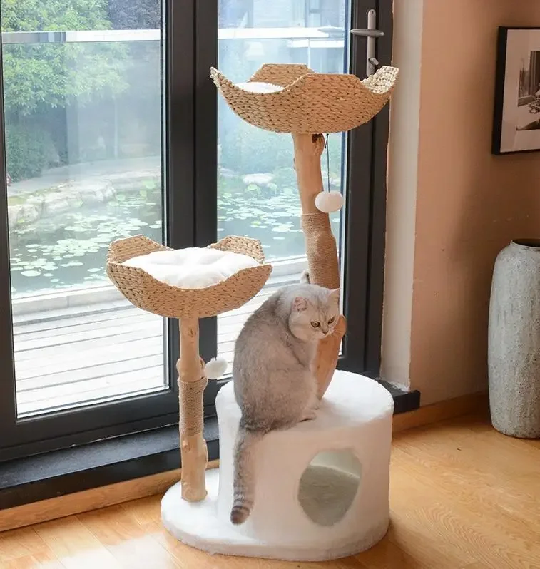 Modern Cat Tree Tower For Large Cats, Real Branch Luxury Wood Cat Tower Scratching Tree, Cat Lover Gift