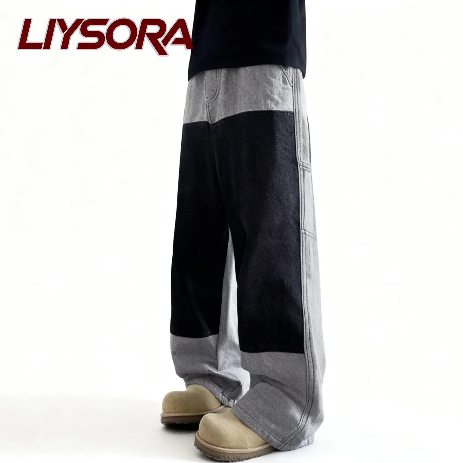 

Korean Men's Retor Baggy Spliced Fabric Jeans American Street Style Multi Pocket Skateboard Pants Work Clothes Denim Pants ﻿